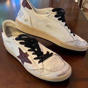Golden Goose Ballstar Sneakers with Bordeaux Glitter Star. Size 8